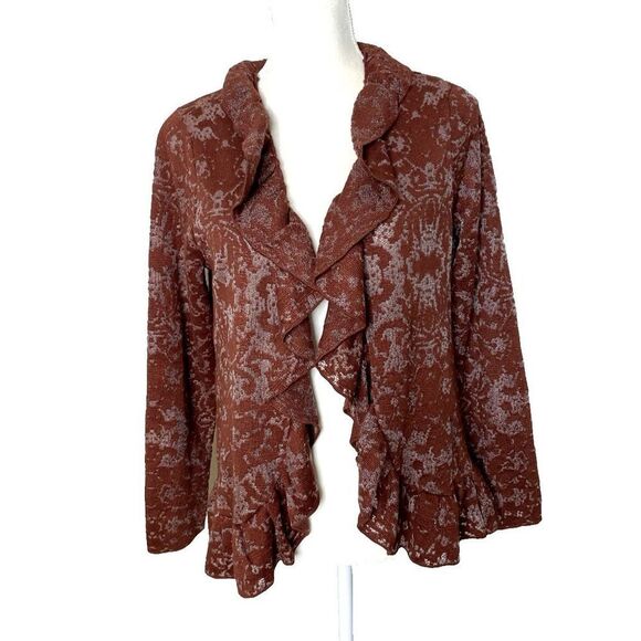 Chico's Size 1 S Burnout Cardigan Rich Mahogany Knit Ruffle Open Front NEW $109 - Picture 2 of 12